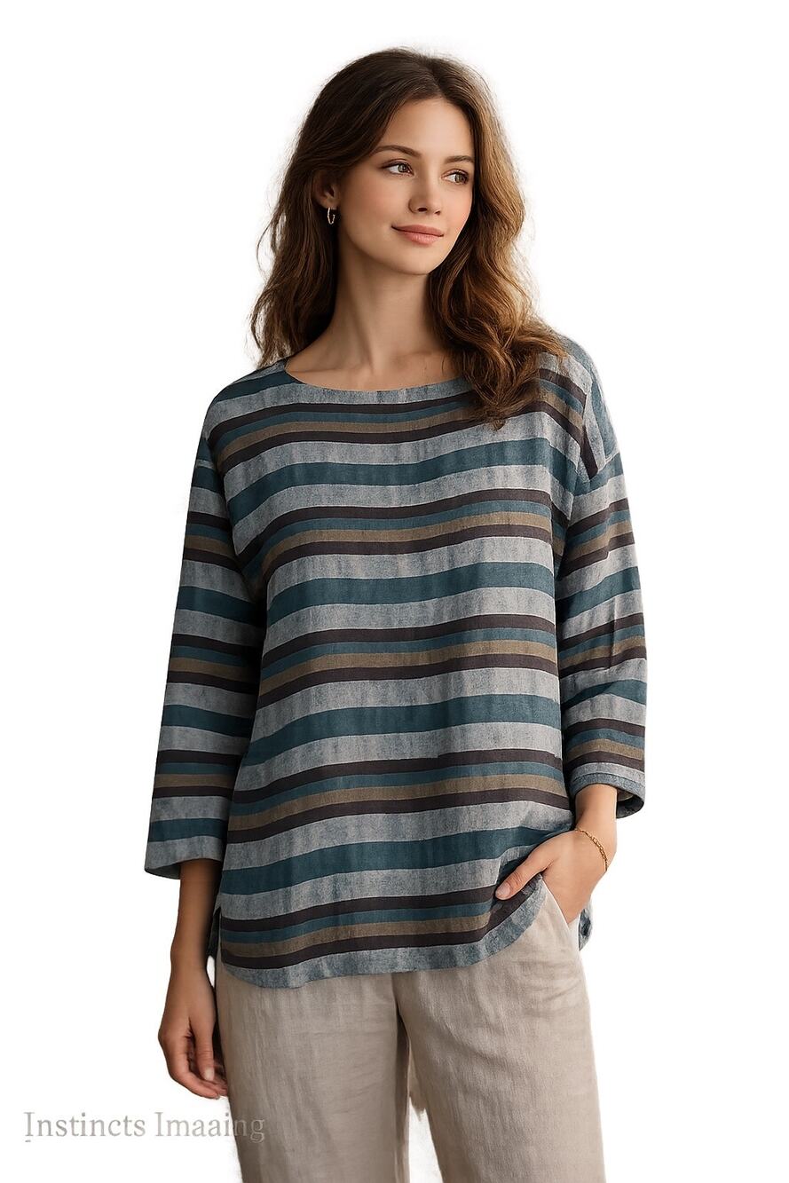 Eileen Fisher Organic Linen Striped Bateau Neck Top L Teal Relaxed Coastal NWT